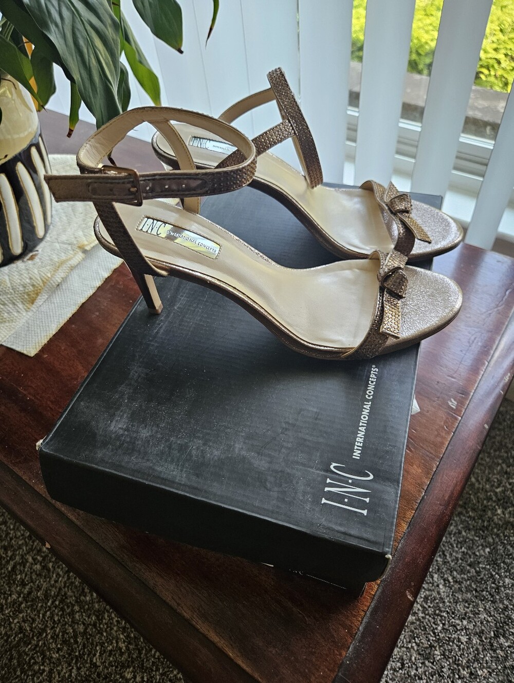 INC International Concepts Metallic Rose Gold Bow Ankle-Strap Heels